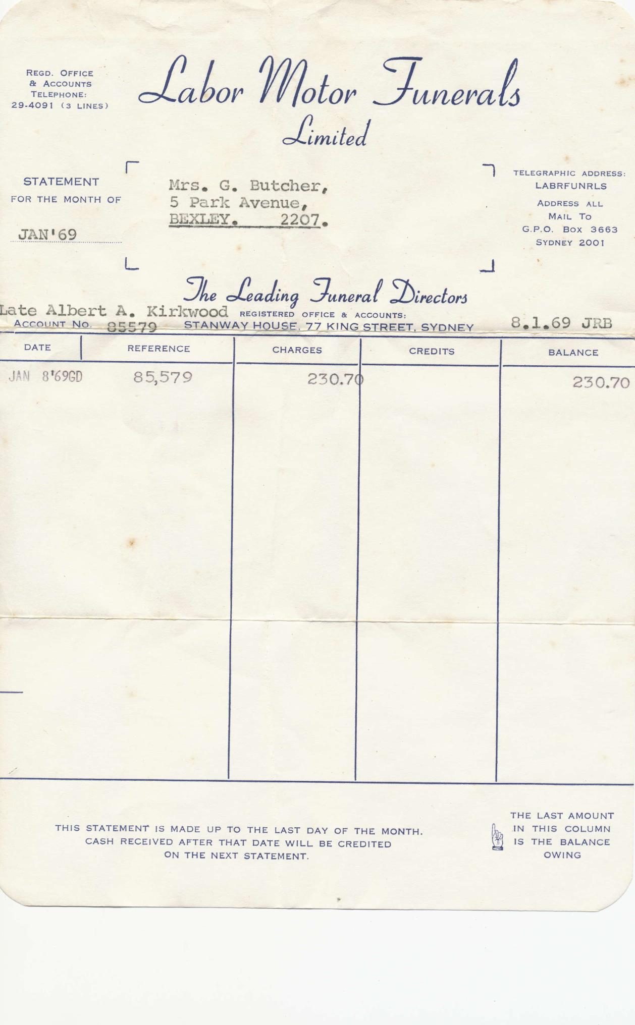 Funeral Arrangement, Invoice, Statement and receipt for Albert Alexander Kirkwood Funeral Arrangement, Invoice, Statement and receipt for Albert Alexander Kirkwood