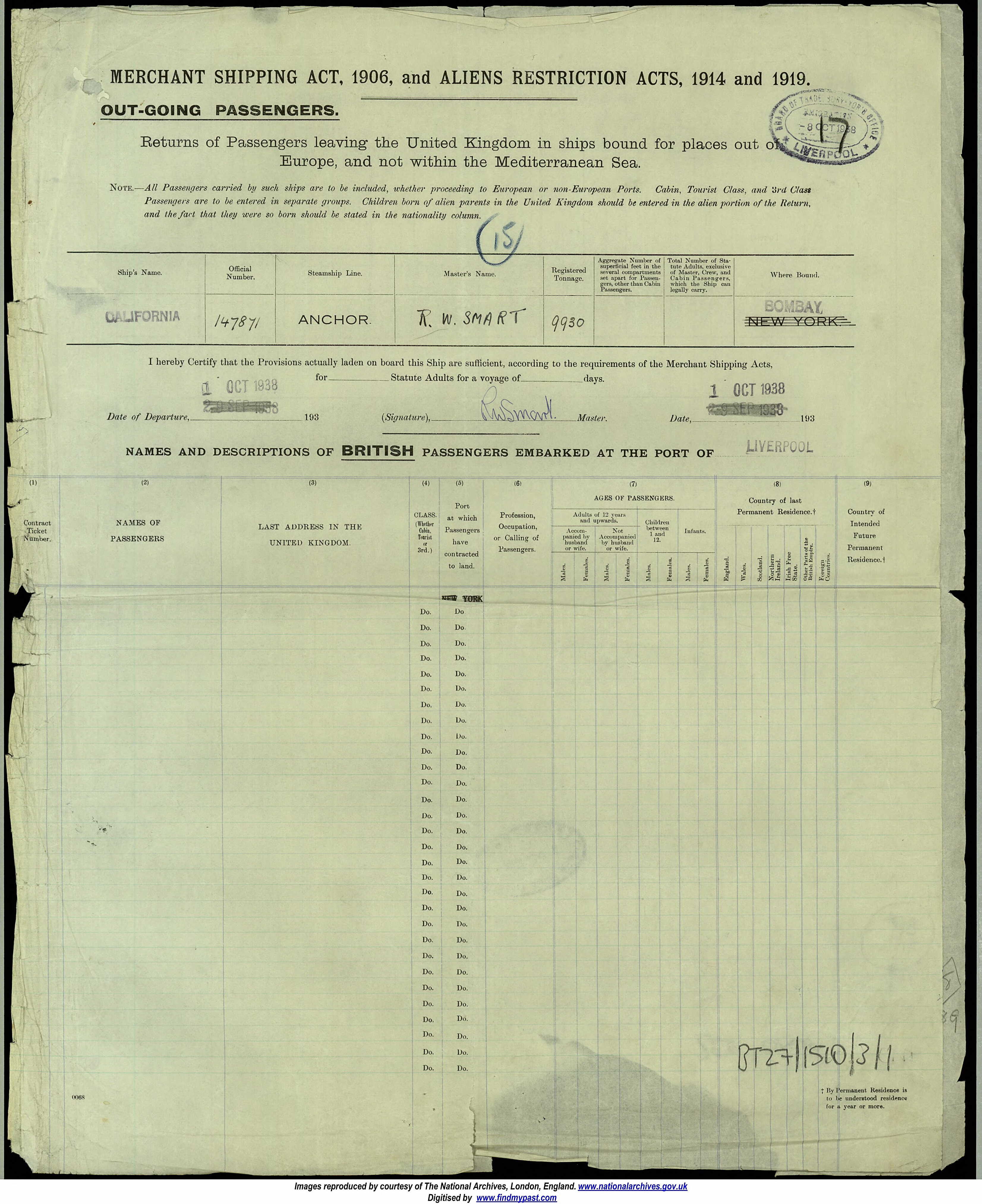 SS California Passenger List, Liverpool, Lancashire, England to Bombay, India, 01 October 1938, Reginald and Cynthia Smith (n. Pearce)