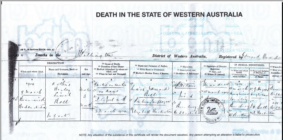 Western Australia, Death Certifacate For Arthur Wesley Lionel Bell Western Australia, Death Certifacate For Arthur Wesley Lionel Bell