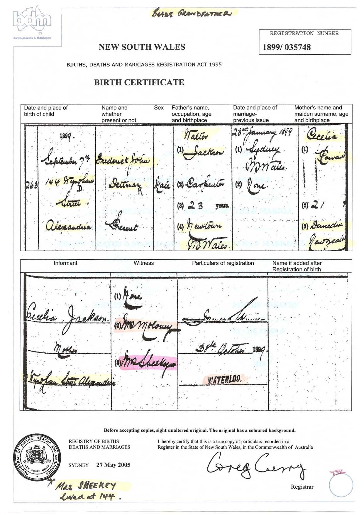 Frederick John Dettmer Jackson Birth Certificate Frederick John Dettmer Jackson Birth Certificate