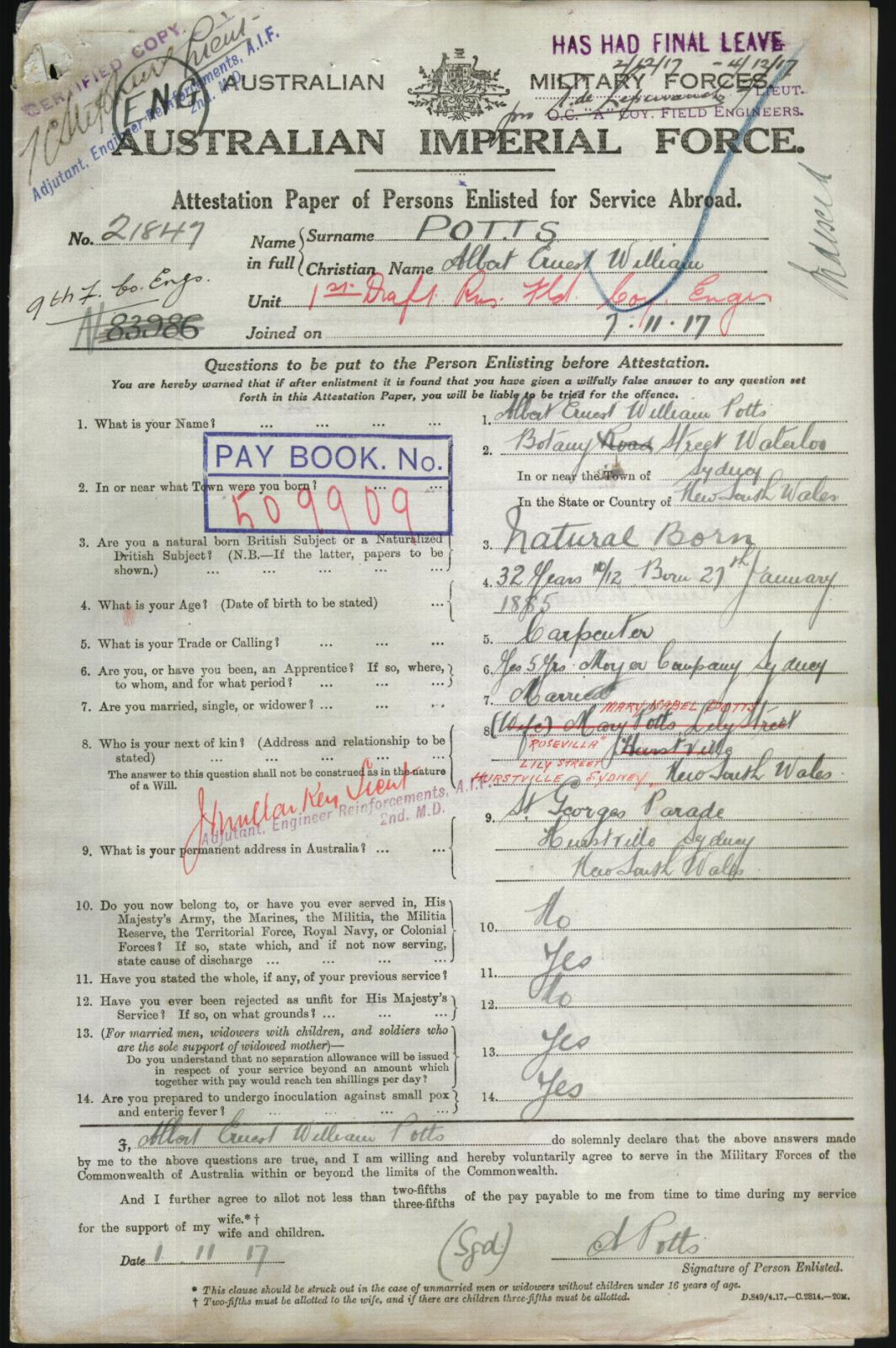 Military Service Record of Sapper Albert Ernest William Potts 21847 Military Service Record of Sapper Albert Ernest William Potts 21847