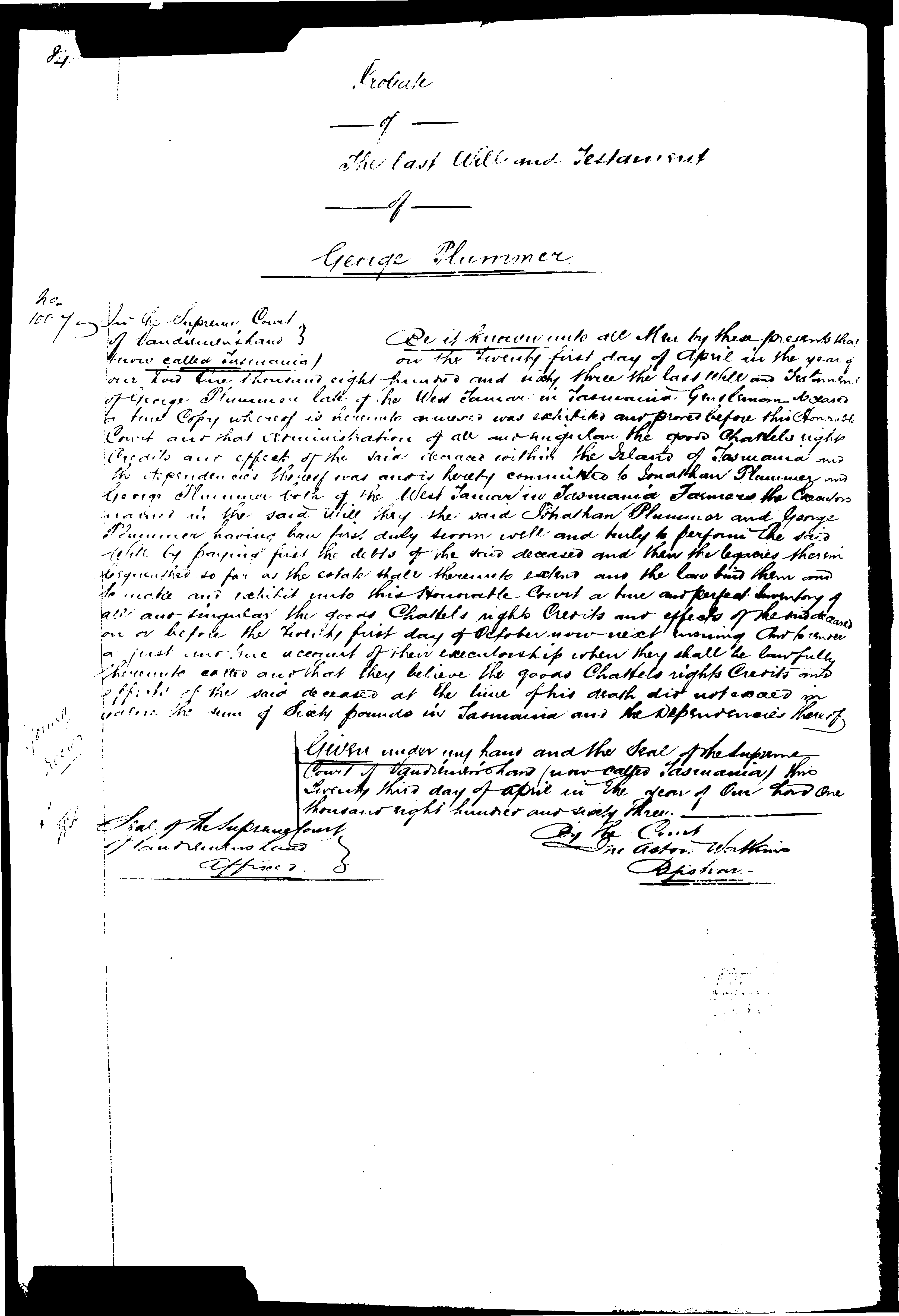 Last Will and Testament of George Plummer