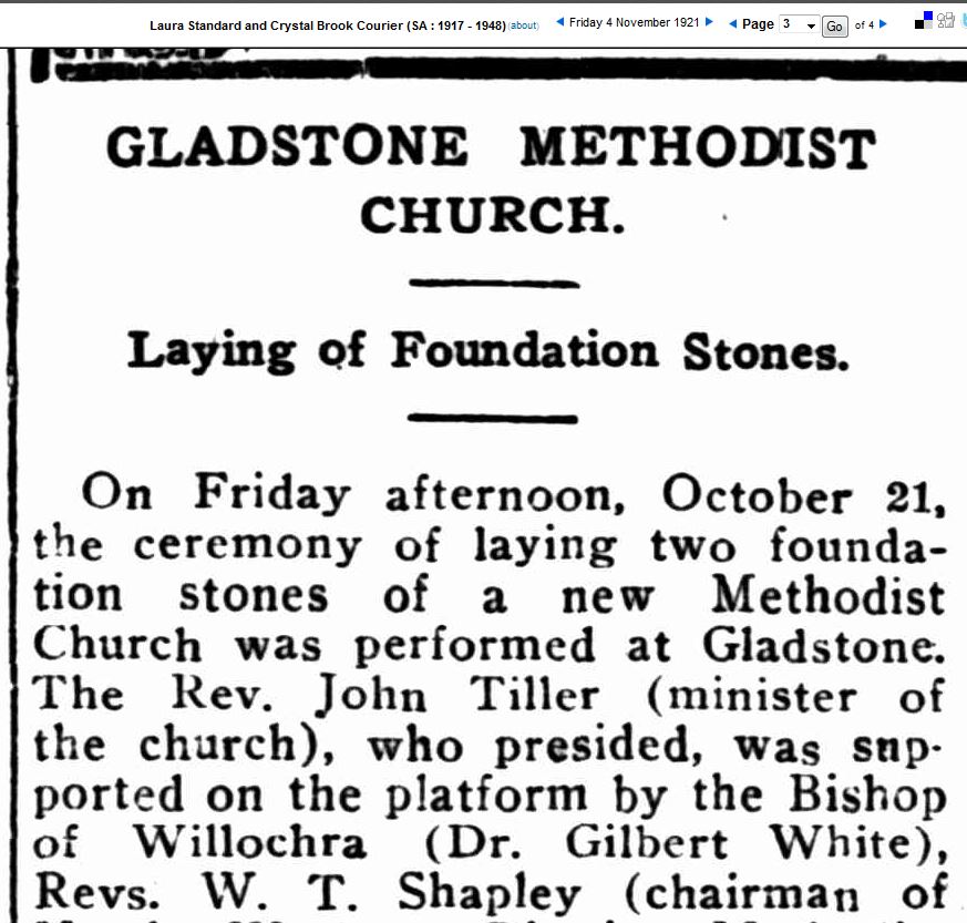 Gladstone Methodist Church - Laying of Foundation Stones - Rev. John Tiller Gladstone Methodist Church - Laying of Foundation Stones - Rev. John Tiller