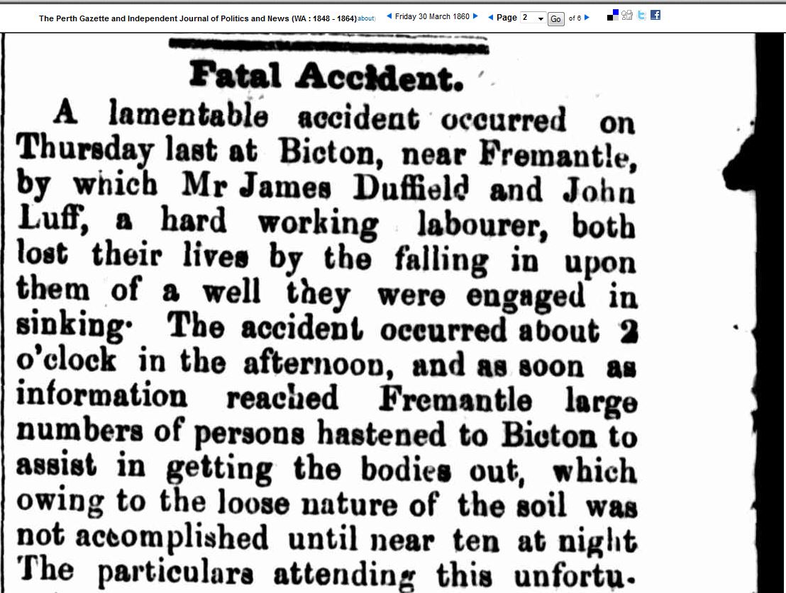 Death of James Hole Duffield