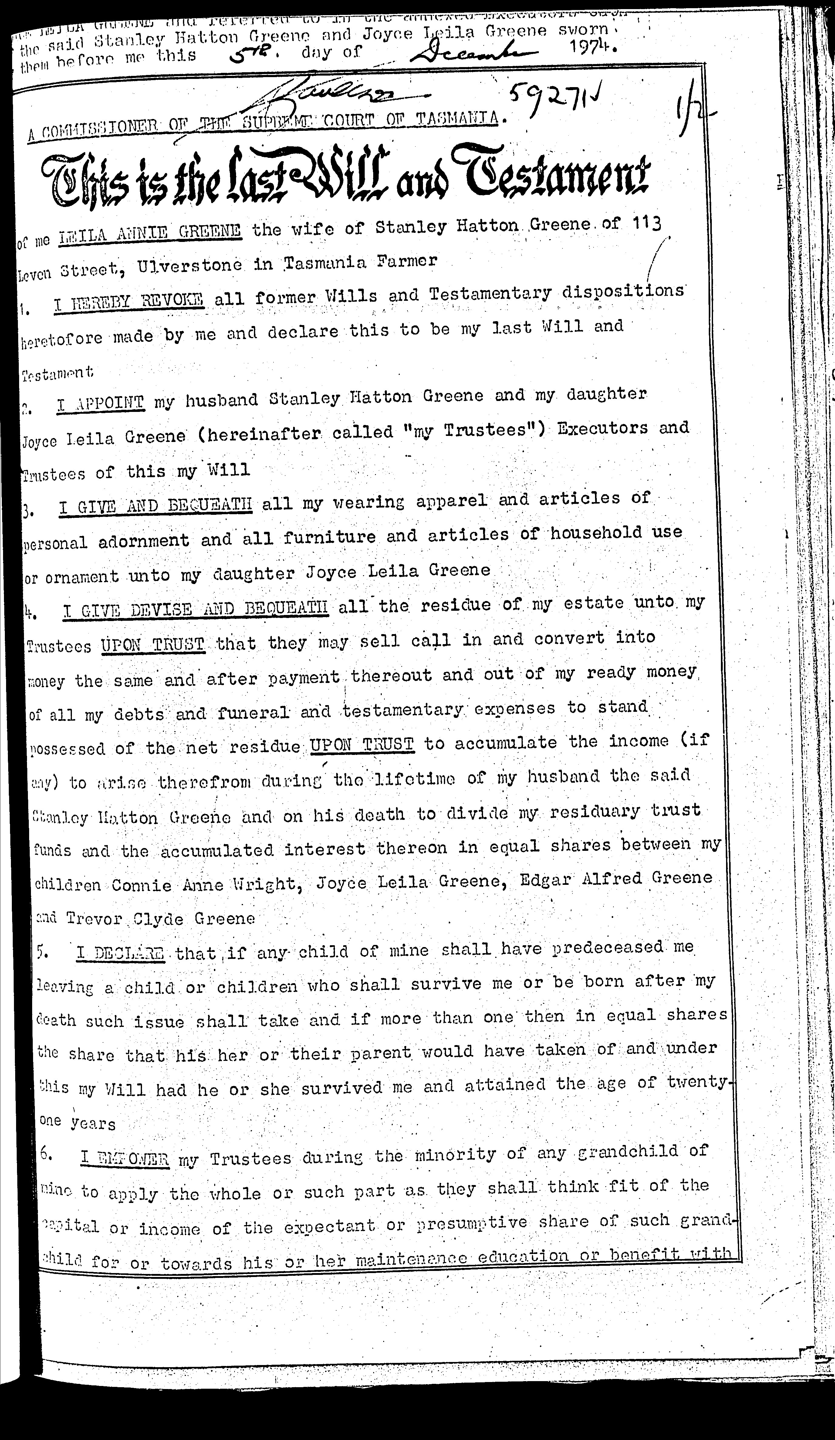 Last Will and Testament of Leila Annie Greene