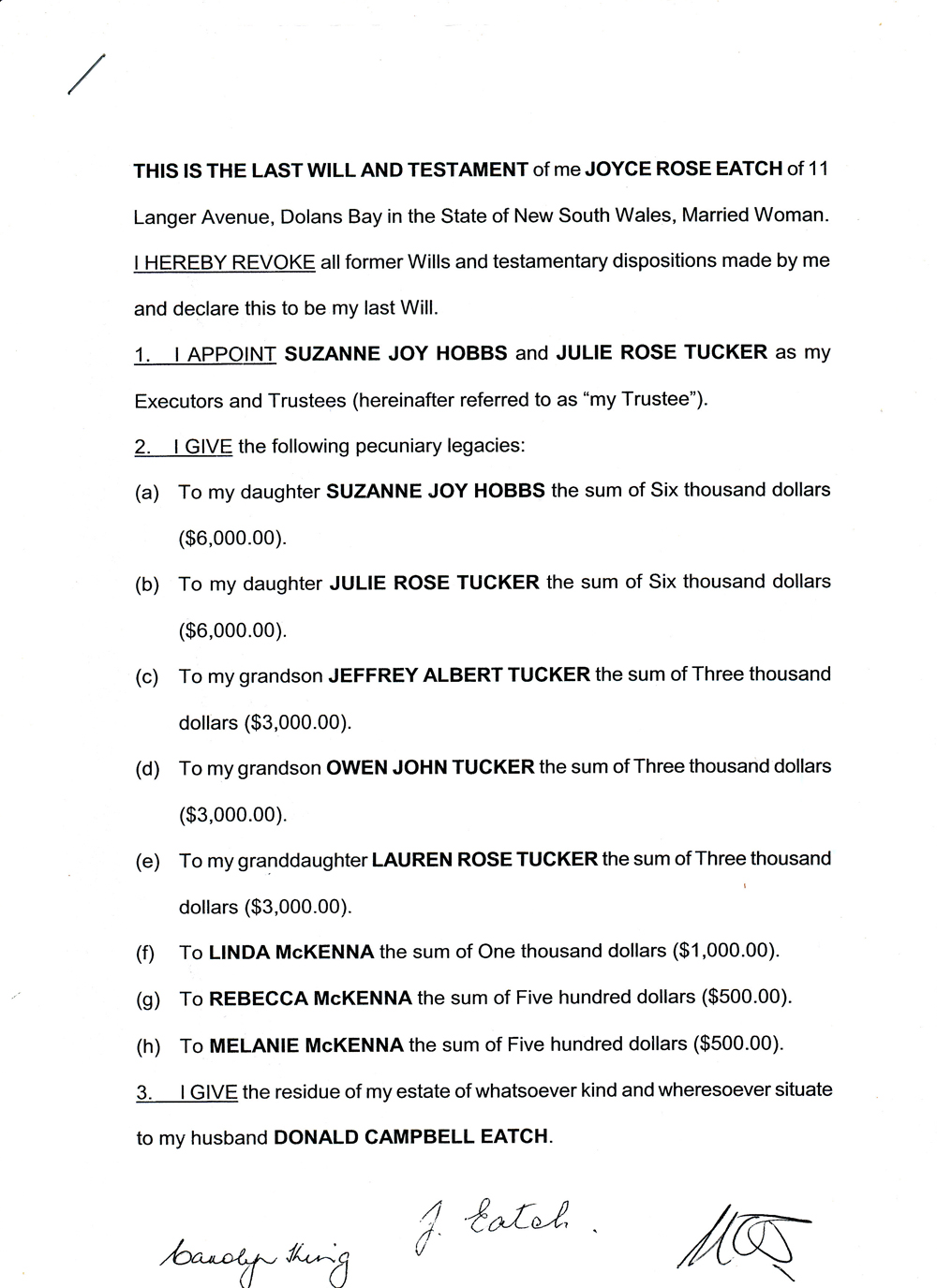 Last Will and Testament of Joyce Rose Eatch (n. Butcher)