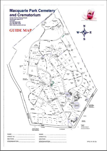 Map of Macquarie park Cemetery and Crematorium - formerly known as the Northern Suburbs Cemetery and Crematorium. Map of Macquarie park Cemetery and Crematorium - formerly known as the Northern Suburbs Cemetery and Crematorium.