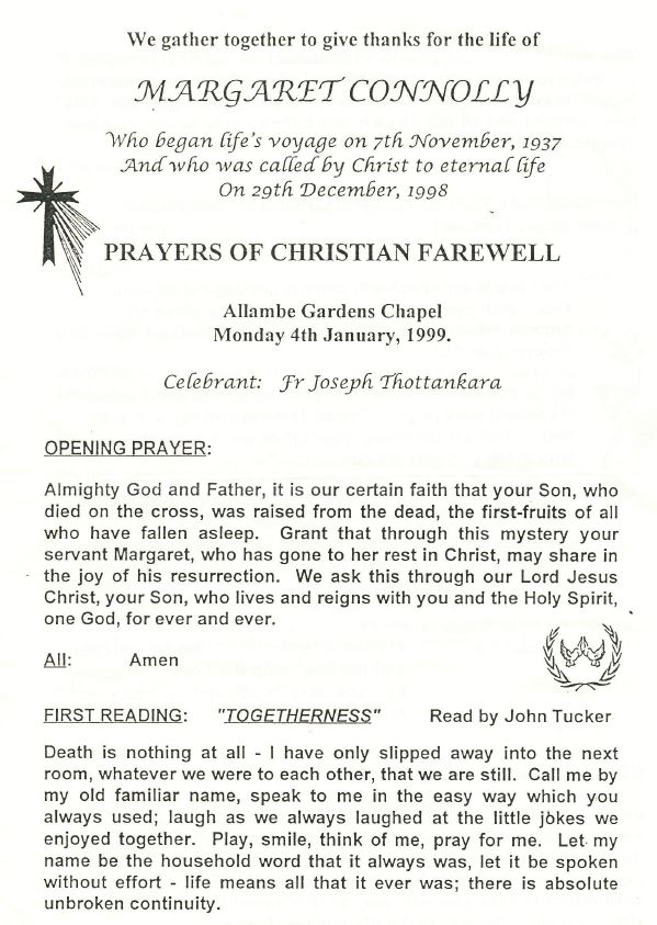 Funeral Order of Service - Margaret Connolly (n. Kennedy) Funeral Order of Service - Margaret Connolly (n. Kennedy)