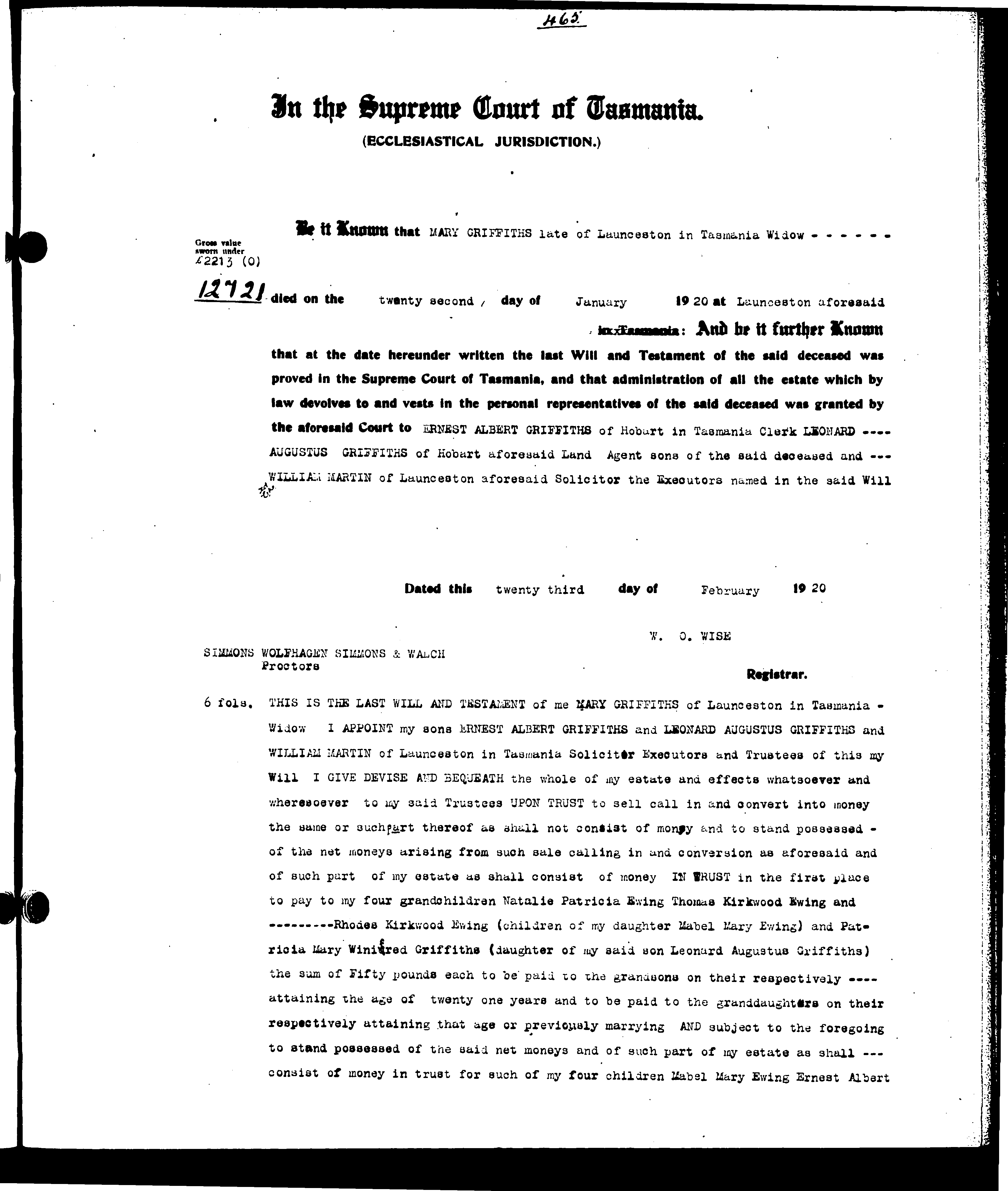 Last Will and Testament of Mary Griffiths (n. Sullivan)