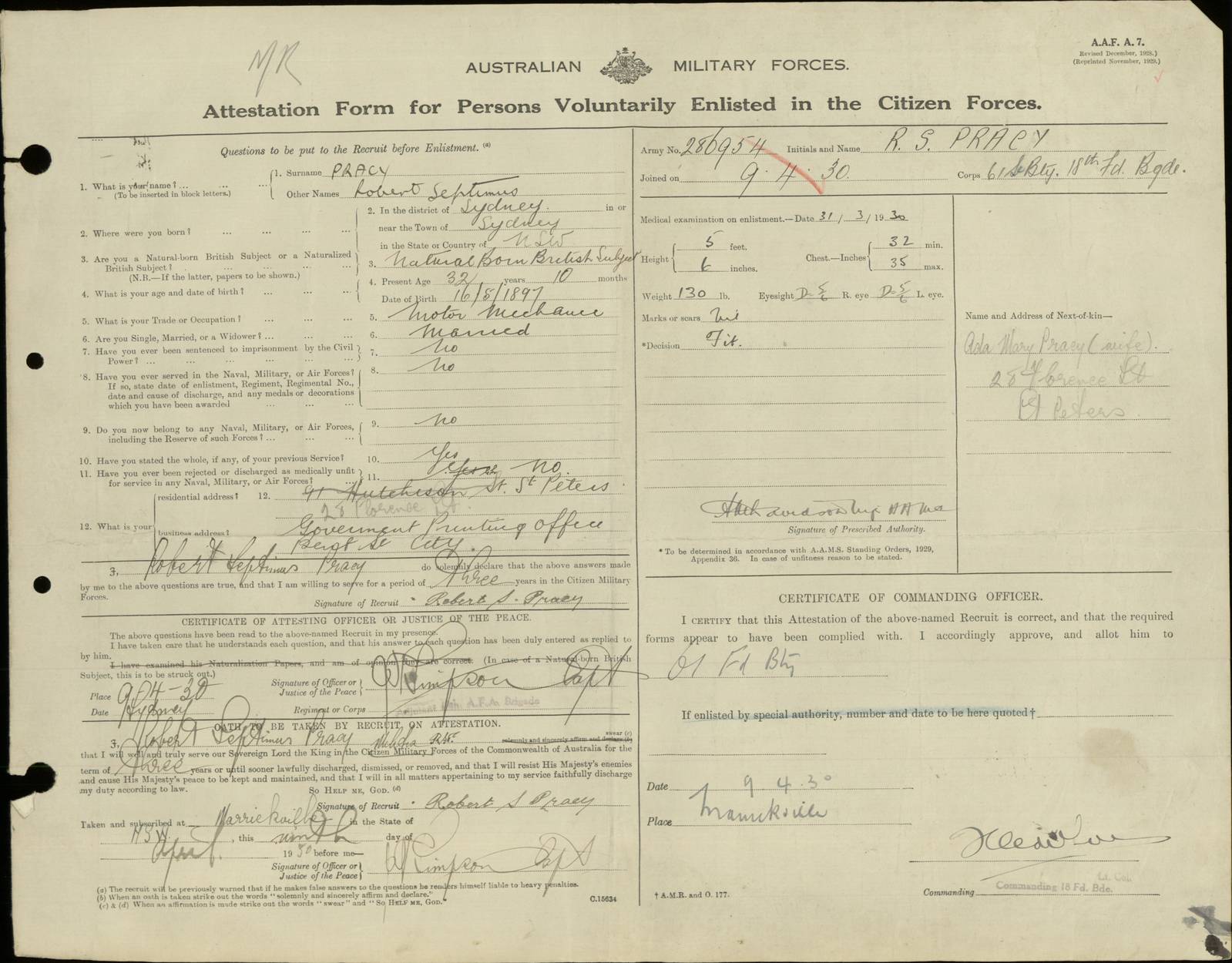 Australian Armed Forces Service Record of Robert Septimus Pracy Australian Armed Forces Service Record of Robert Septimus Pracy