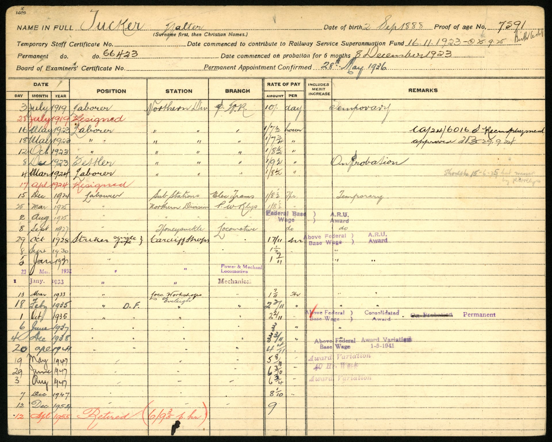 New South Wales, Railways Employment Card, Walter Tucker New South Wales, Railways Employment Card, Walter Tucker