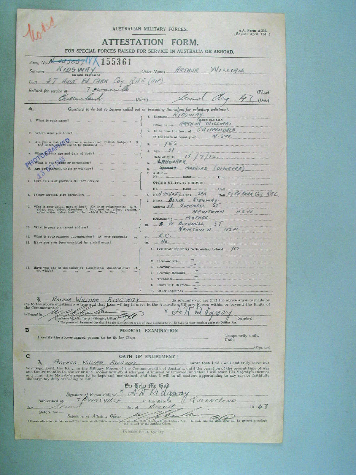 World War 2 Military Service Record - NX155361 Arthur William Ridgway World War 2 Military Service Record - NX155361 Arthur William Ridgway