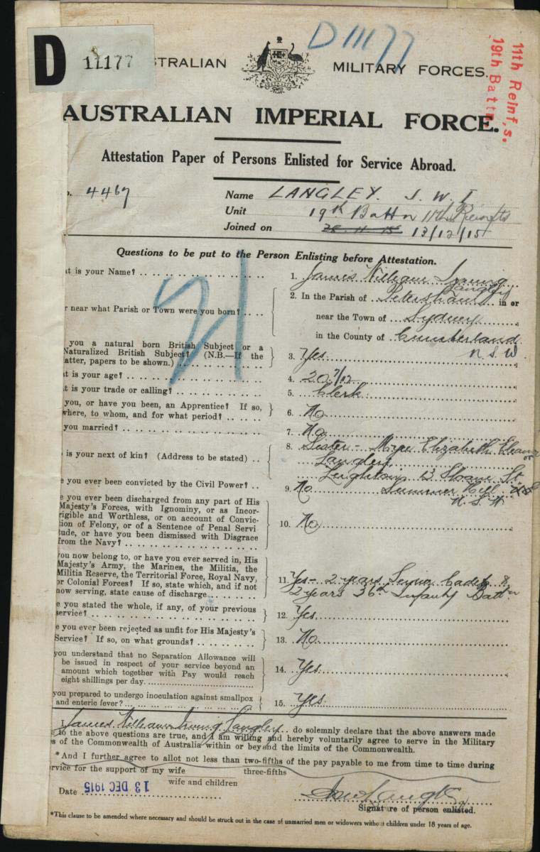 The World War I Military Service Record of James William Irving Langley The World War I Military Service Record of James William Irving Langley