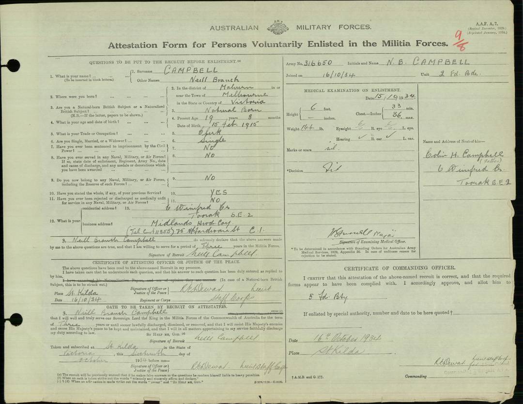 Enlistment in the Australian Militia - Neil Branch Campbell Enlistment in the Australian Militia - Neil Branch Campbell