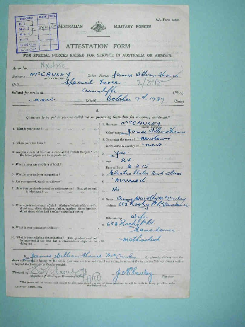 World War II Military Service Record of James William Thomas McCauley World War II Military Service Record of James William Thomas McCauley