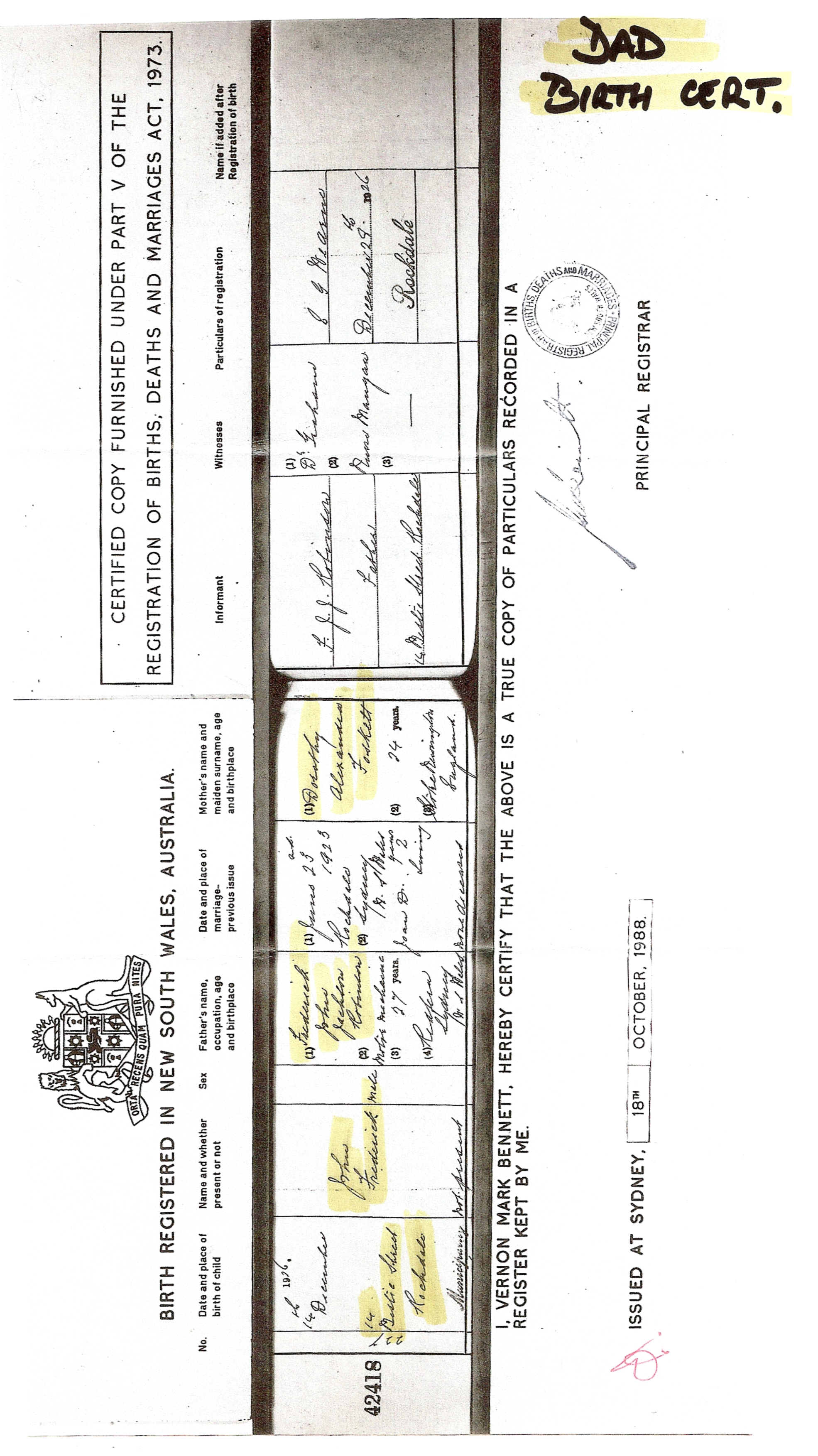 John Frederick Robinson Birth Certificate