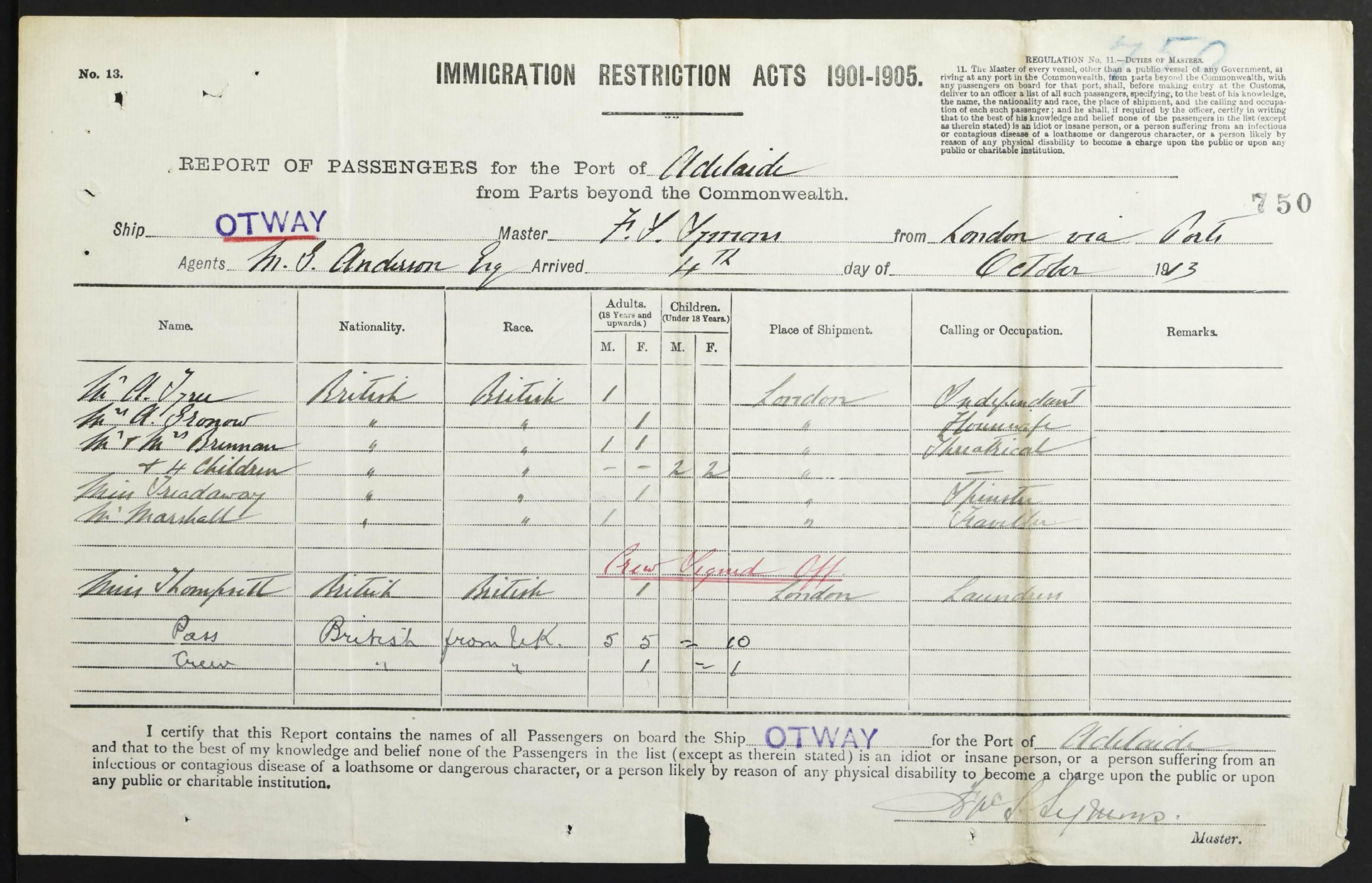RMS Otway, Report of Passengers for the Port of Adelaide, South Australia, Walter Tucker RMS Otway, Report of Passengers for the Port of Adelaide, South Australia, Walter Tucker