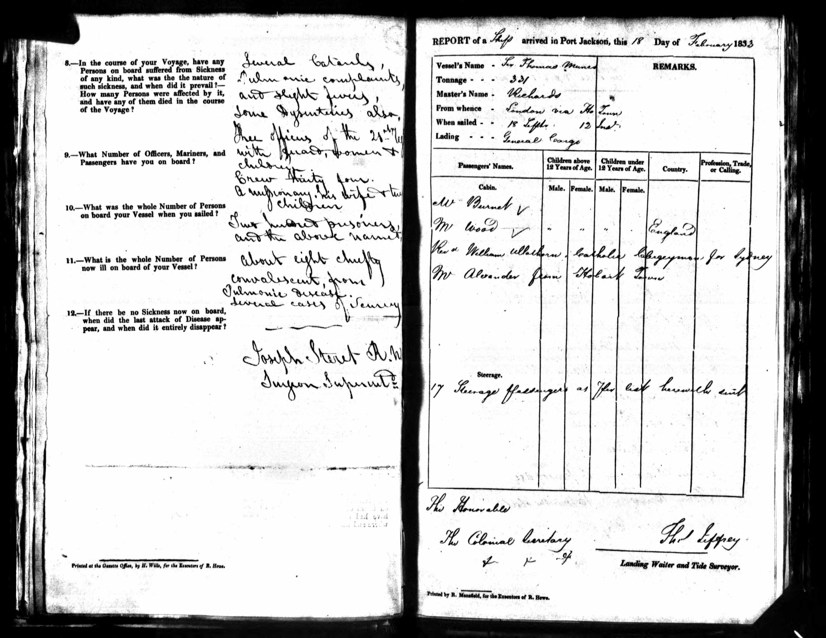 Arrival of Passenger Ship 'Sir Thomas Munro', Port Jackson, New South Wales, Australia. Arrival of Passenger Ship 'Sir Thomas Munro', Port Jackson, New South Wales, Australia.