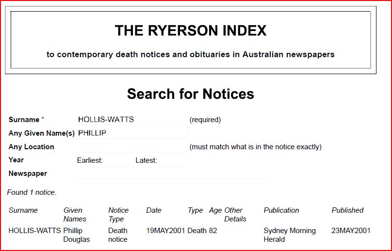 Death notice of Phillip Douglas Hollis Watts Death notice of Phillip Douglas Hollis Watts