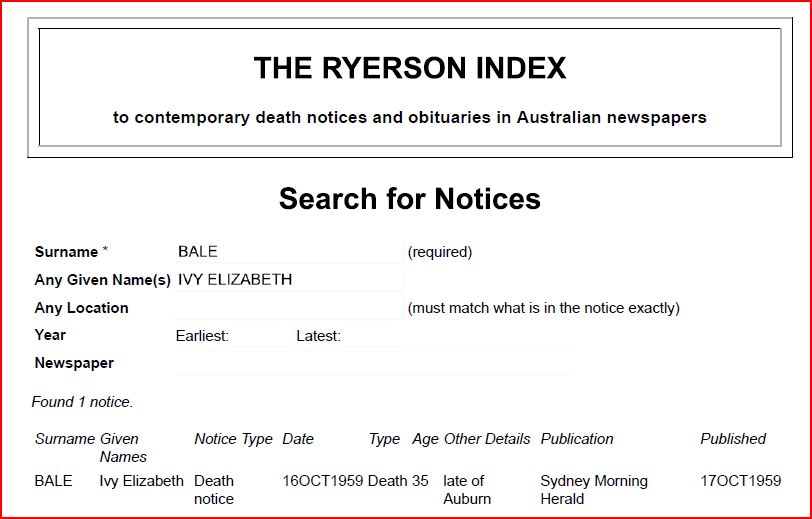 Death Notice of Ivy Elizabeth Bale (n. Pracy)