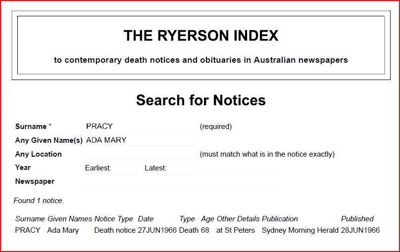 Death Notice of Ada Mary Pracy Death Notice of Ada Mary Pracy