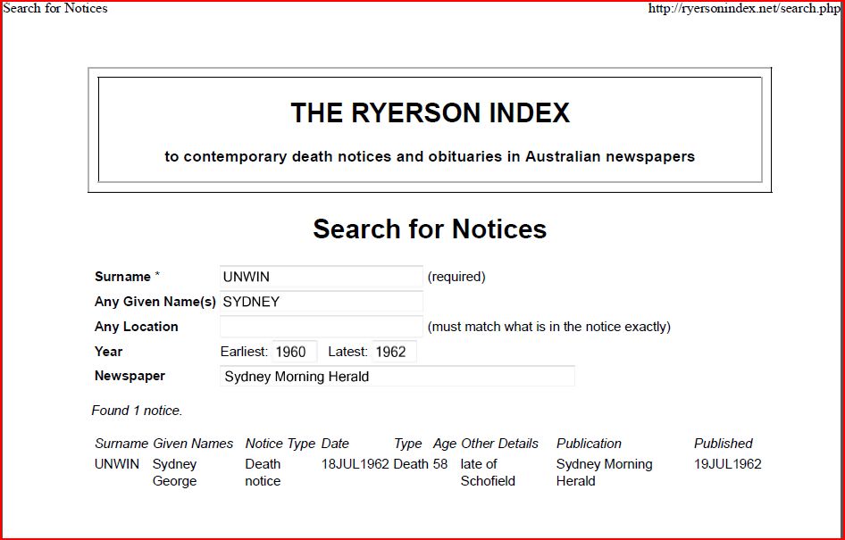 Sydney George Unwin - Death Notice