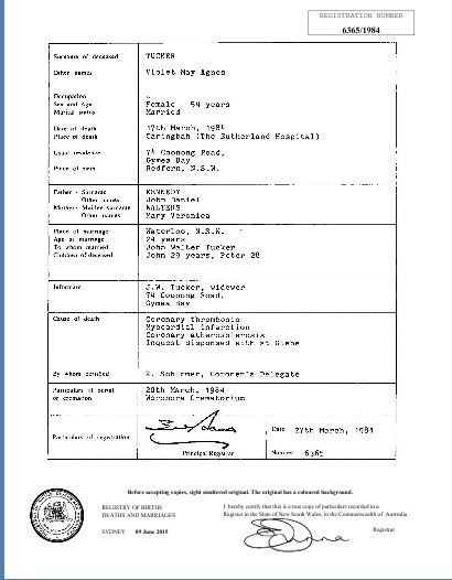 Death Certificate - Violet May Agnes Tucker Death Certificate - Violet May Agnes Tucker