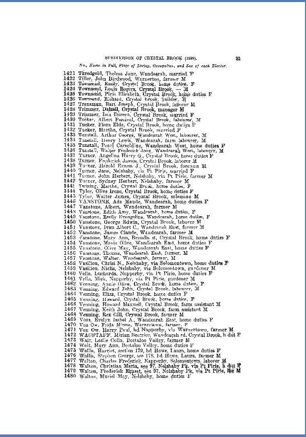 Commonwealth Electoral Roll South Australia, Subdivision of Crystal Brook - 1939 Commonwealth Electoral Roll South Australia, Subdivision of Crystal Brook - 1939