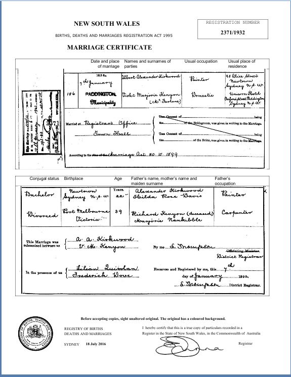 Marriage Certificate of Albert Alexander Kirkwood and Violet Marjorie Kenyon (McFarlane) Marriage Certificate of Albert Alexander Kirkwood and Violet Marjorie Kenyon (McFarlane)