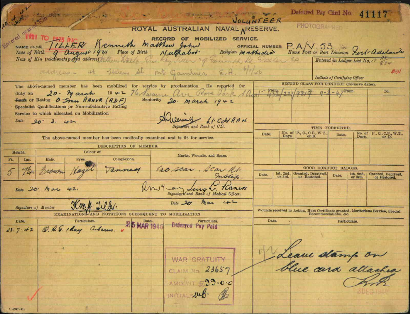World War 2 Navy Service Record - Petty Officer Radar Mechanic Kennith Matthew John tiller