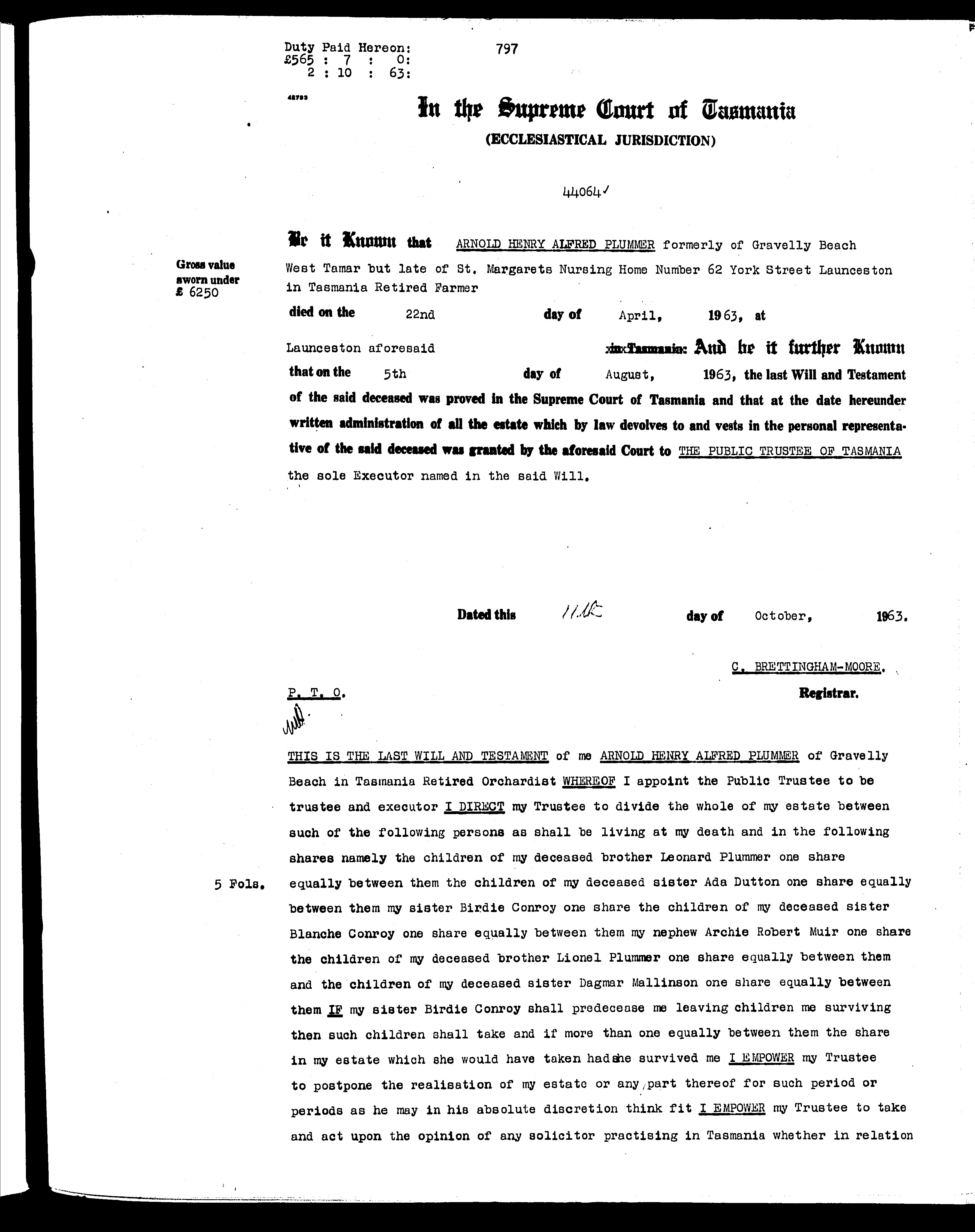 Last will and Testament of Arnold Henry Alfred Plumber