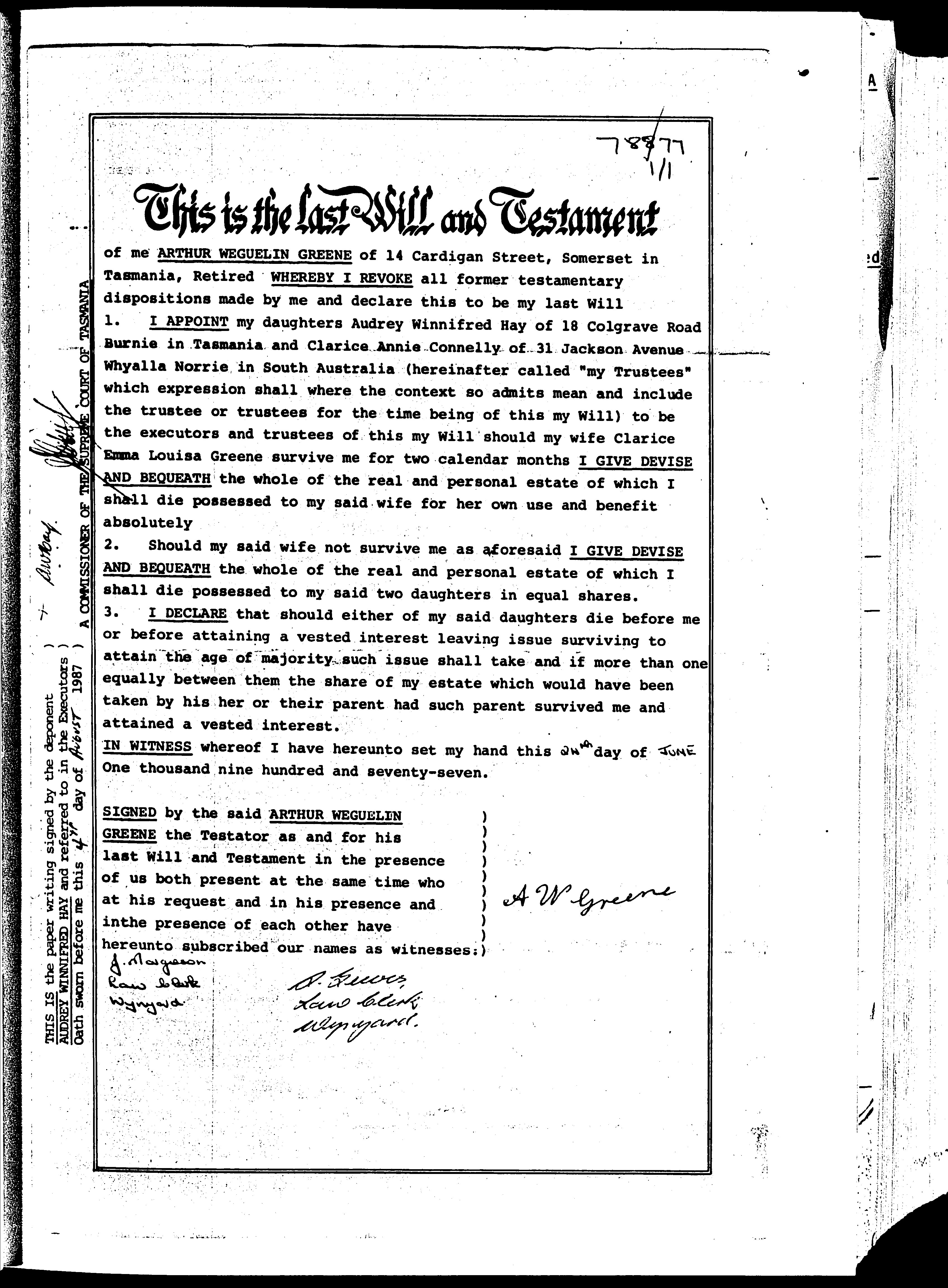 Last Will and Testimony of Arthur Weguelin Greene 