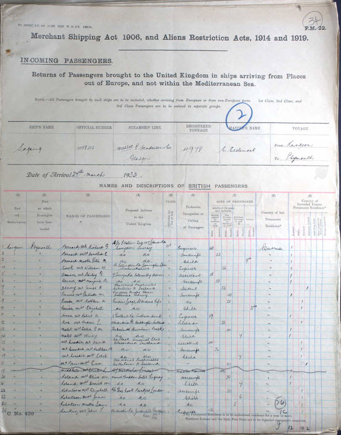 Incomming Passenger List, SS Sagaing arriving Plymouth, Devon, England from Rangoon Burma, India, Cynthia May Smith (n. Pearce)