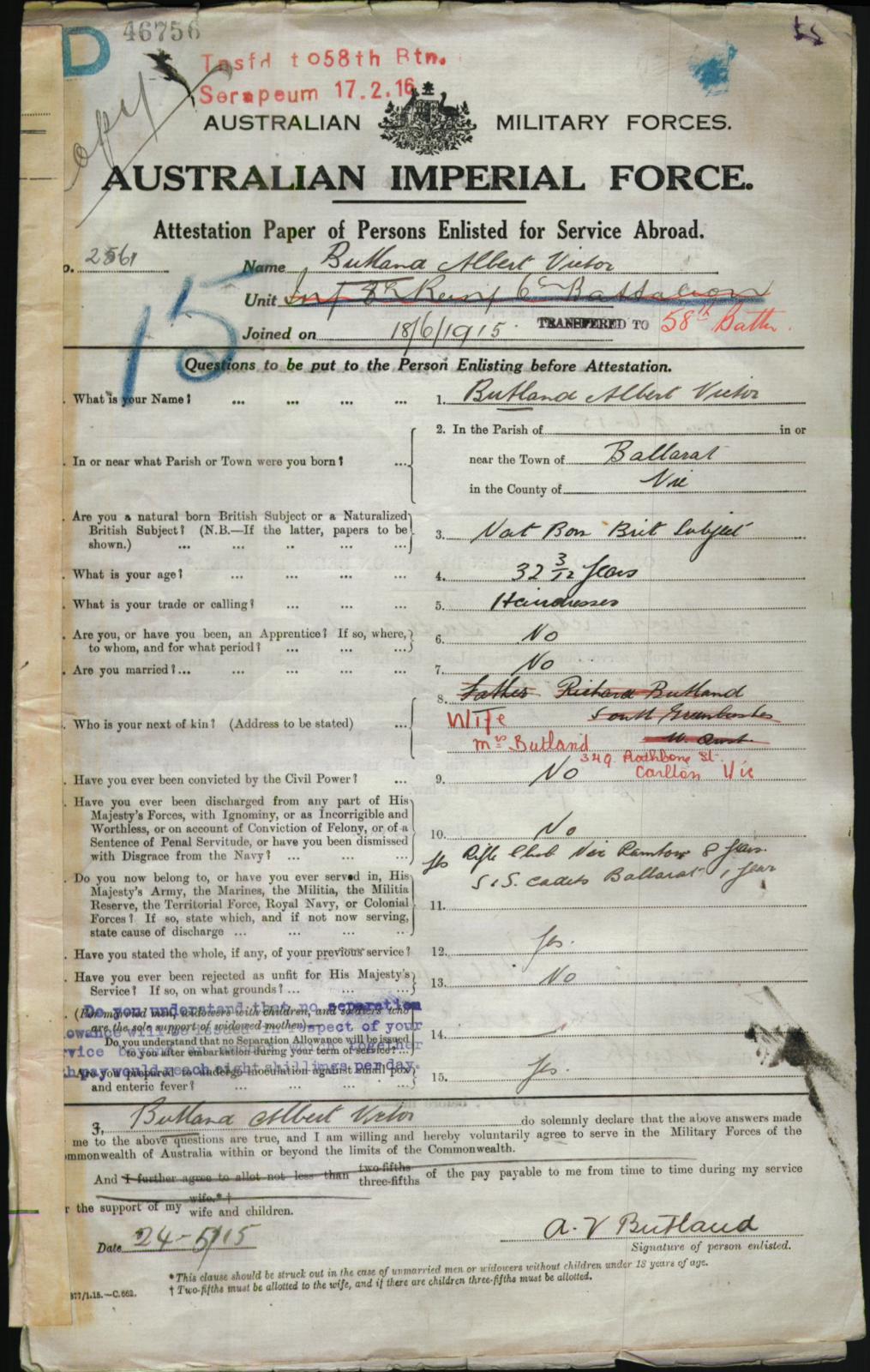 World War 1 Military Service Record of Albert Victor Butland World War 1 Military Service Record of Albert Victor Butland
