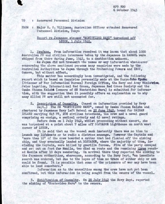 Report re Japanese steamer 'Montevideo Maru' torpedoed off Luzon 1 July 1942 Report re Japanese steamer 'Montevideo Maru' torpedoed off Luzon 1 July 1942