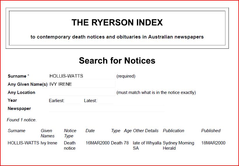 Death Notice of Ivy Irene Hollis-Watts (n.Pracy)