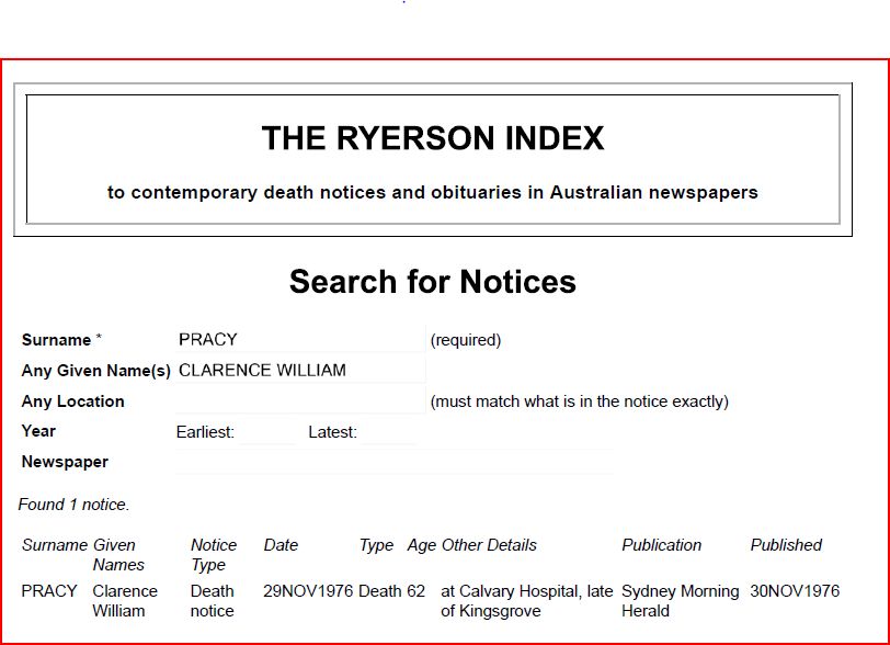 Death Notice - Clarence William Pracy