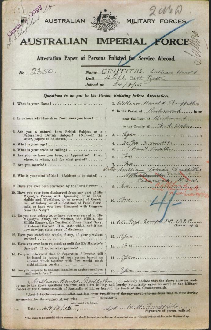The Military Service Documents World War I of William Harold Griffiths The Military Service Documents World War I of William Harold Griffiths